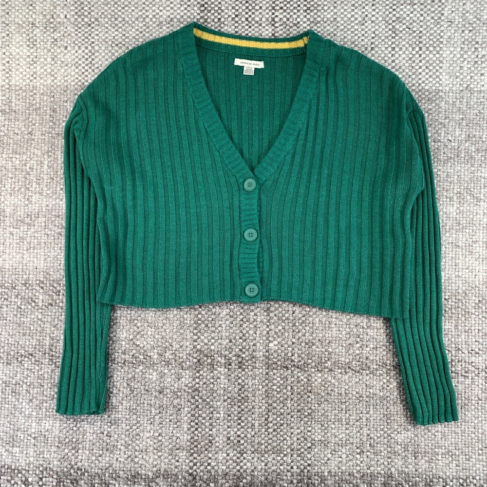 American Eagle Green Ribbed Cropped Cardigan Sweater V-Neck Button Front Small